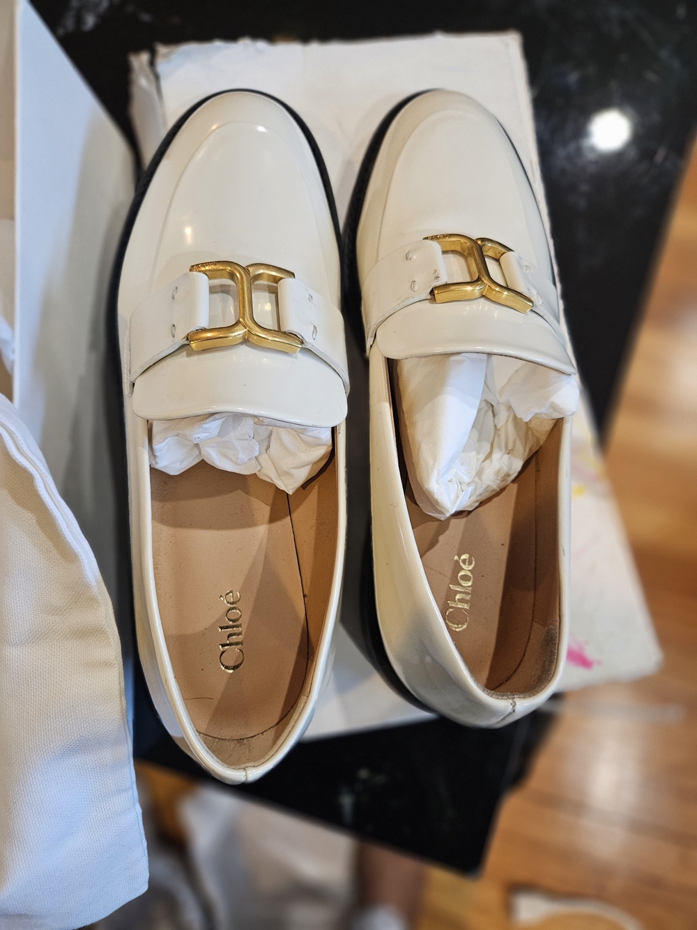 Chloé Cream Leather Loafers with Gold Buckle